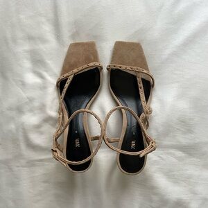 ZARA Beige Strappy Kitten Heel Sandals